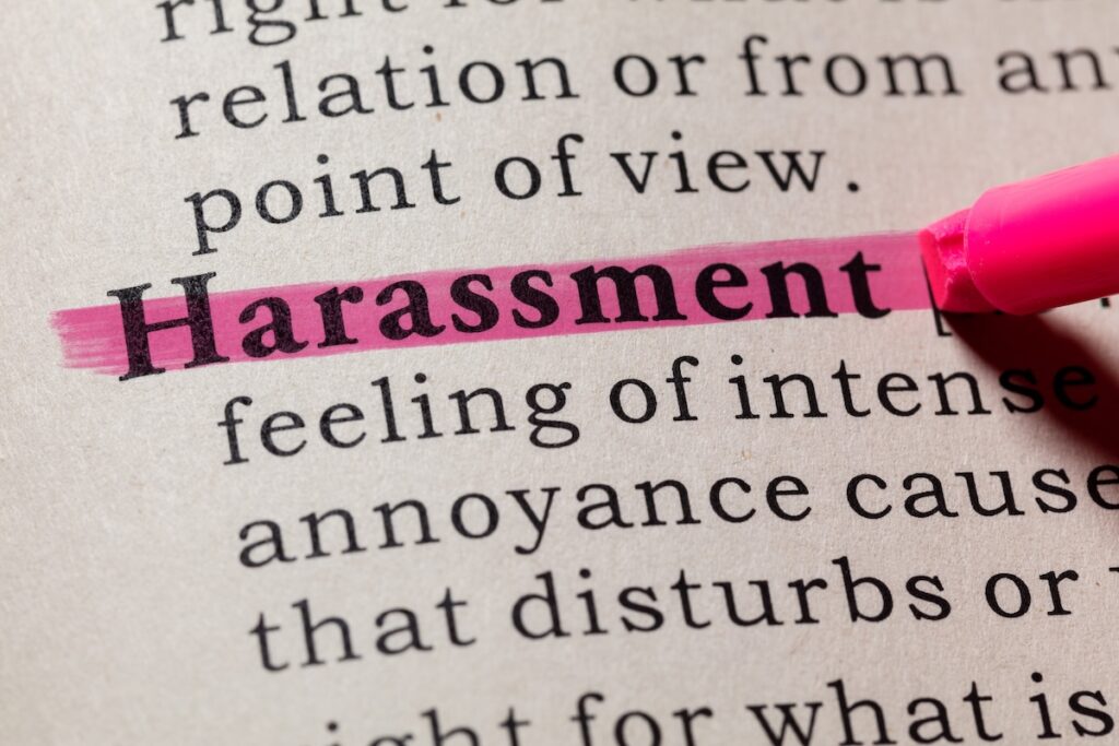 Fake Dictionary, Dictionary definition of the word harassment. including key descriptive words.